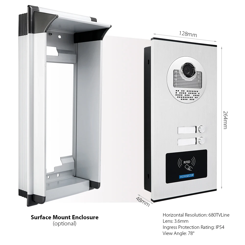 HOMSECUR 7 &quotTFT Видеодомофон Система с RFID наружного блока для 2 квартир XM701 + XC111