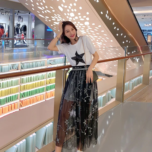 Новинка 2020 весенне летние модные женские комплекты пентаграмма блестки футболка