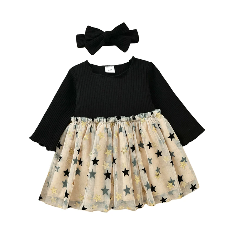 

Toddler Baby's Clothes Girls Princess A-line Dress Set Newborn Girls Long Sleeve Patchwork Star Print Tulle Dress With Headband