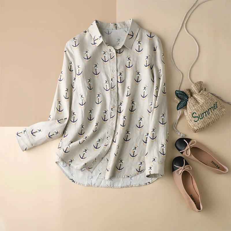 

Shuchan Women's Long Sleeve Linen Tops 2021 Turn-down Collar Casual Broadcloth Button Up Shirt Ladies Tops