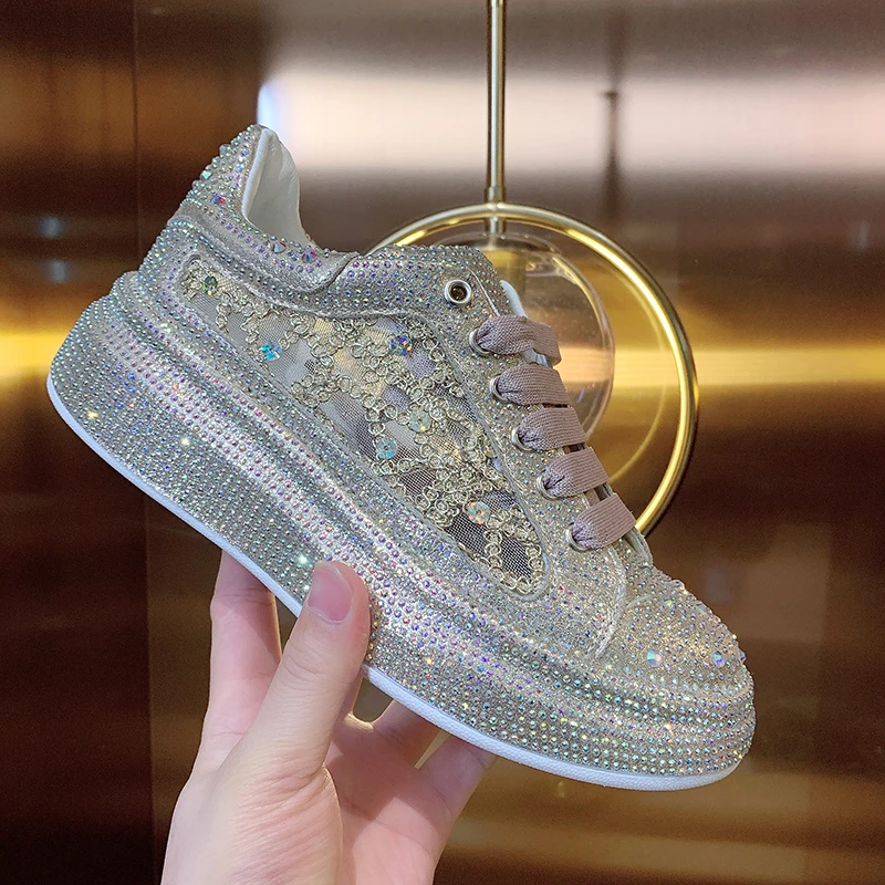 

Rhinestone White Shoes Women's Summer Thin Breathable Thick Bottom Height Increasing Diamond Full Diamond Sports Casual Shoes