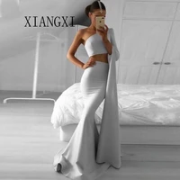 2020 special simple two piece one shoulder long sleeves cheap party prom gowns floor length grey mermaid prom dress