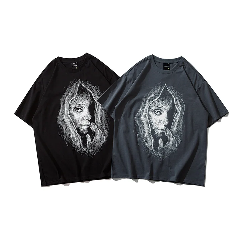 

High Street Hip Hop Vintage Portrait Print T Shirts Unisex Fashion Short Sleeve Tops Tees Women Casual Loose 100% Cotton Tshirts