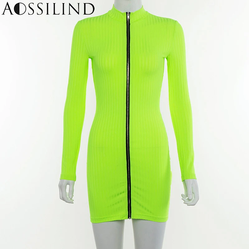 Неоново-желтое облегающее платье AOSSILIND с длинным рукавом Осень-зима 2019