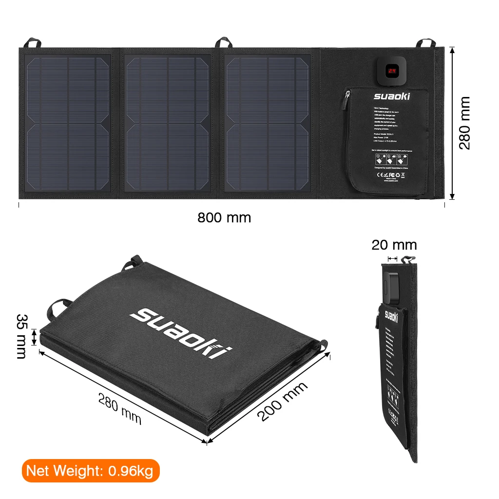 

Suaoki 21W Solar Charger Foldable Solar Panel with Advanced TIR-C Multiple USB 2.0 Output Ports Dual-USB Cable