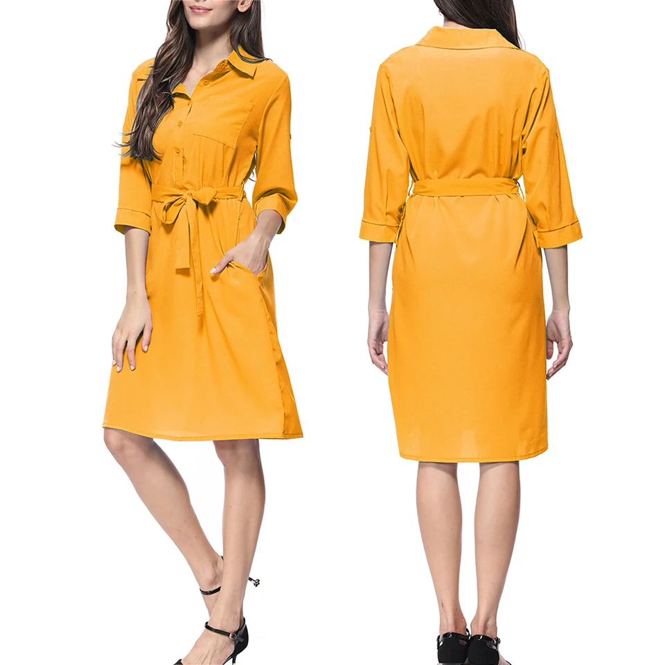 Бизнесс Для Женщина Работать Офисная Одежда Футболка Платье Отворот Отложной