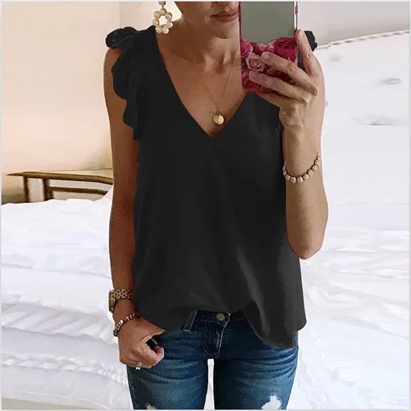 

Plus Size 5XL Summer Fashion Sleeveless Tops for shirt Women Chic Solid Color Sexy Deep V-neck Shirts for Women Mujer Camisetas