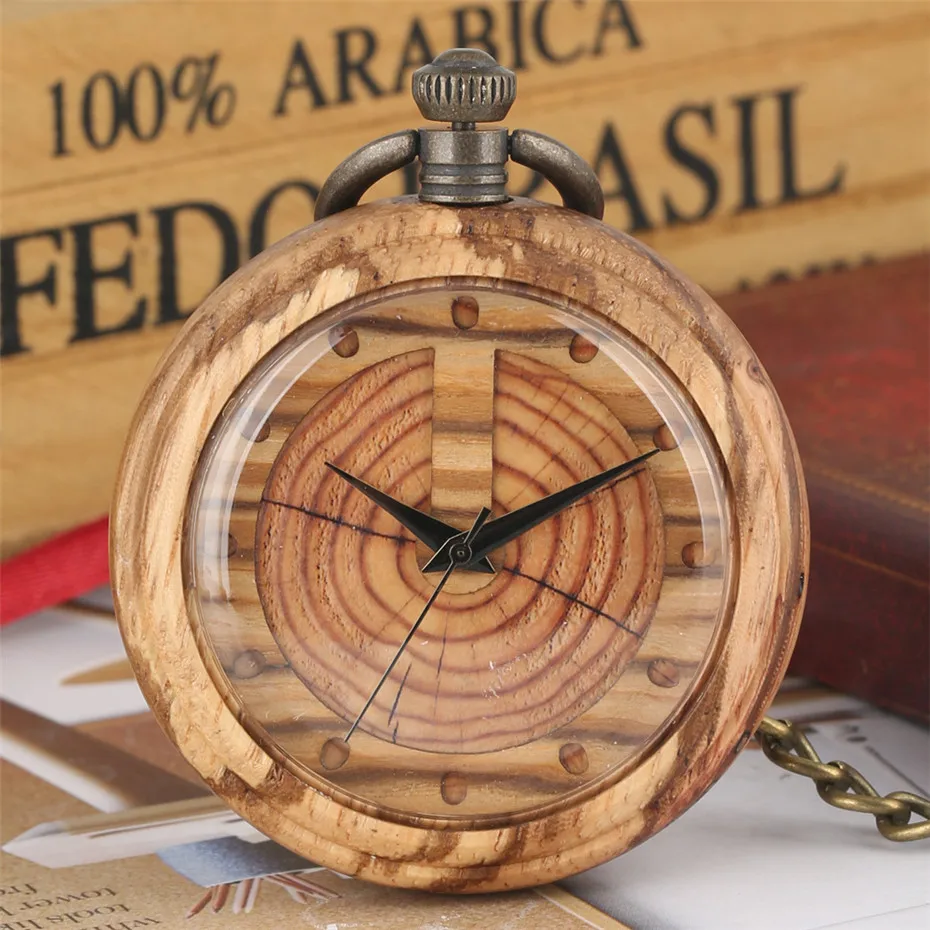 

Creative Wooden Watch Quartz Pocket Watch Bronze Hanging Pendant Chain New Arrival Wood Pocket Clock Gifts for Men Women