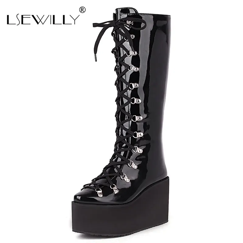 

Lsewilly New Arrive Women Winter Shoes Hot Sale Fashion Ladies Boots Comfortable Concise Lace Up Black Punk Sexy Knee High Boots
