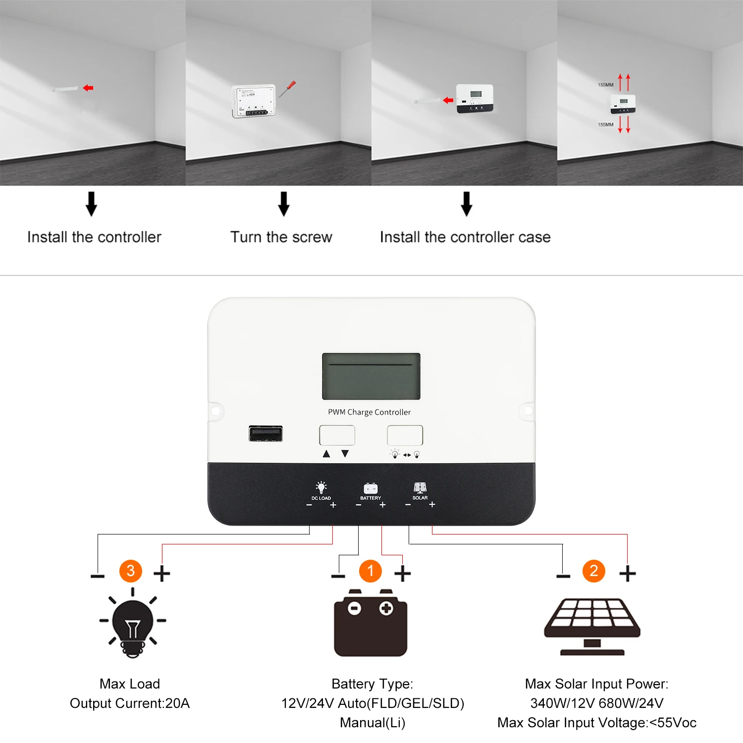 PowMr PWM Solar Charge Controller 20A Flush Mount Panel Battery Intelligent Regulator Auto 12/24V LCD Displa with USB Port | Обустройство