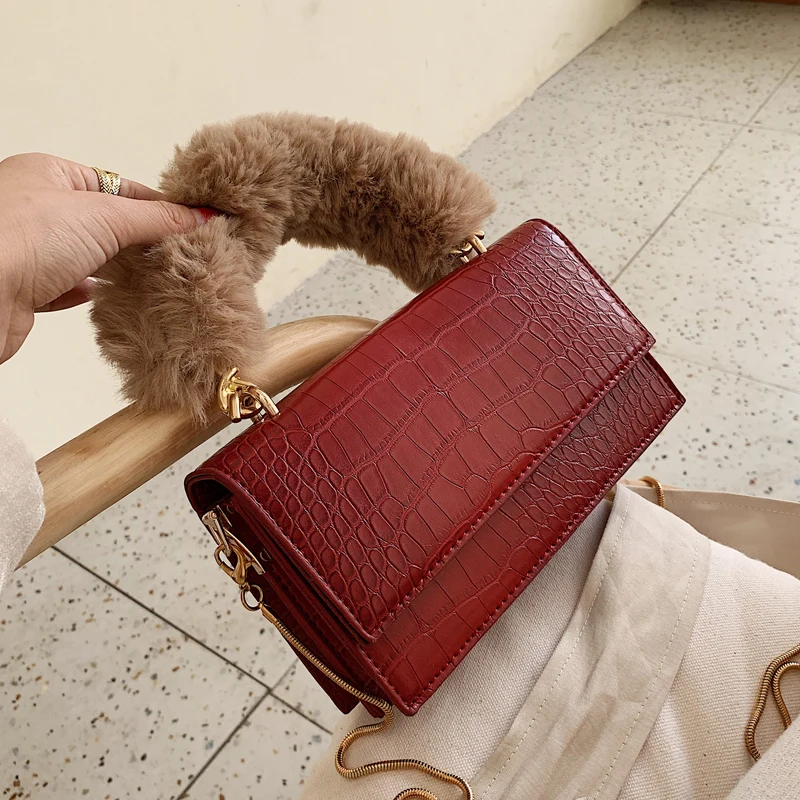 Женская кожаная сумка тоут с цепочкой модная плюшевая Сумка крокодиловым узором
