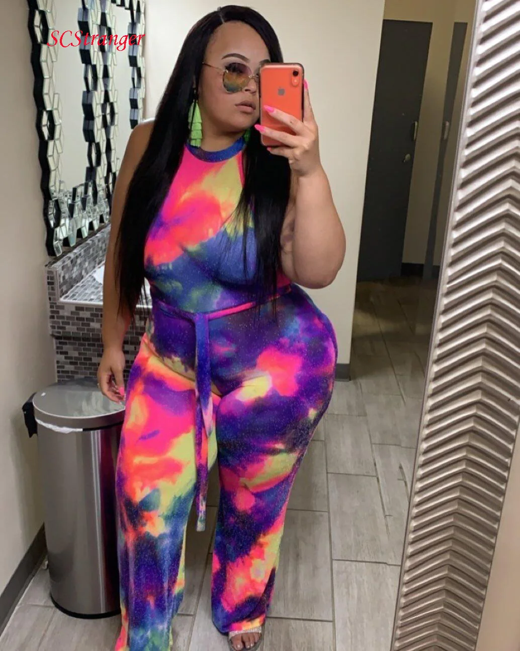 

SCStranger Streetwear Rainbow Colors Sexy Sleeveless Jumpsuit Women Printed Tie-Dye Halter Back Zipper Plus Size Jumpsuit