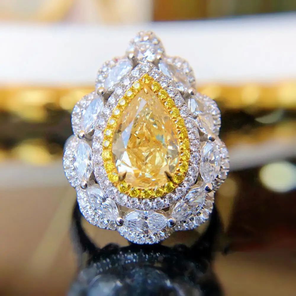 

HOYON New Luxury Ascut Yellow Diamond style Drop Pear Shaped Ring Opening Adjustable Color Treasure Jewelry Wholesale