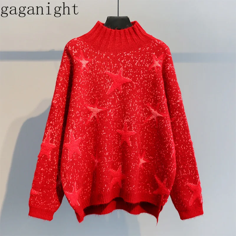 Gaganight Stars Faux Mink Cashmere Sweet Sweater Women Half Turtleneck Solid Pullover Girls Autumn Winter Thick Soft Warm Jumper | Женская
