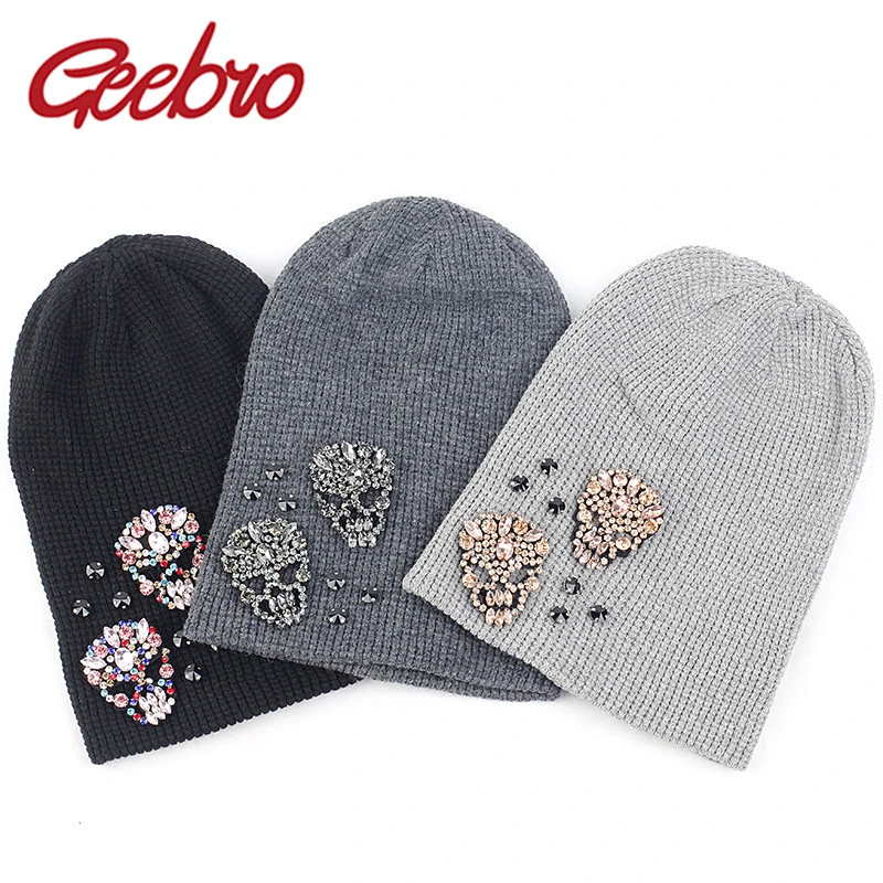Geebro женские шапки с двойным черепом Стразы мягкие тонкие шерстяные Хлопковые