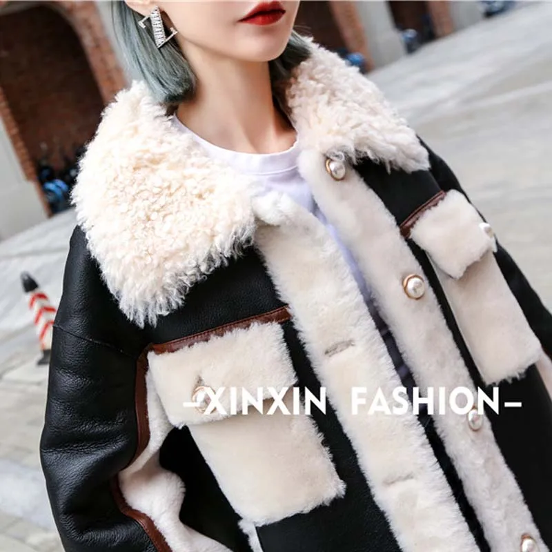 

BFFUR Real Fur Coat Women Fashion Merino Lambswool Hit the color Genuine Leather Vintage Elegant Loose Jacket Ladies Chic Warm
