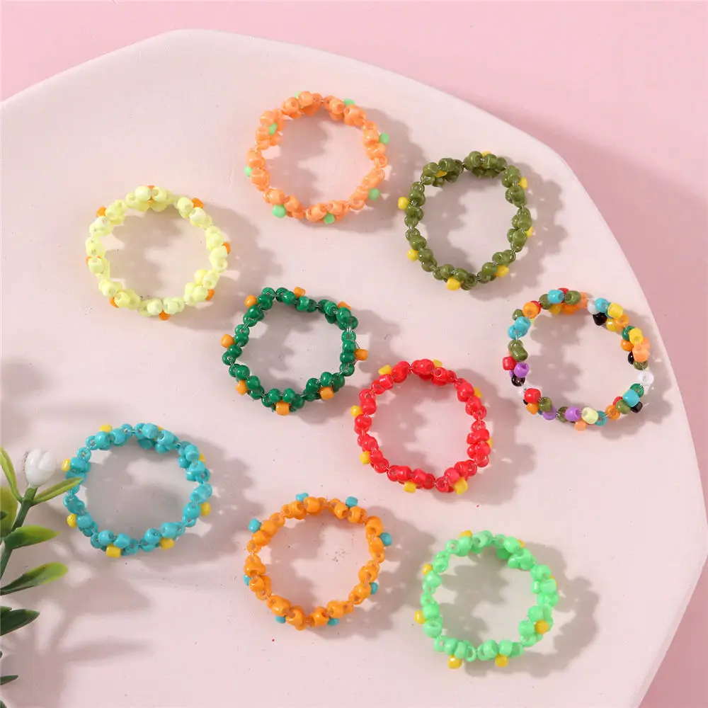 

Fashion Boho Colourful Flower Beaded Ring For Women Girl Acrylic Geometric Cute Bead Ring Adjustable Handmade Customized Jewelry