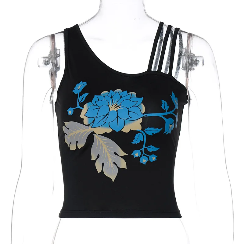 

Goth Dark Grunge Gothic Bodycon Tank Tops Floral Print Punk Black Women Sexy Crop Top Backless One Shoulder Summer Streetwear