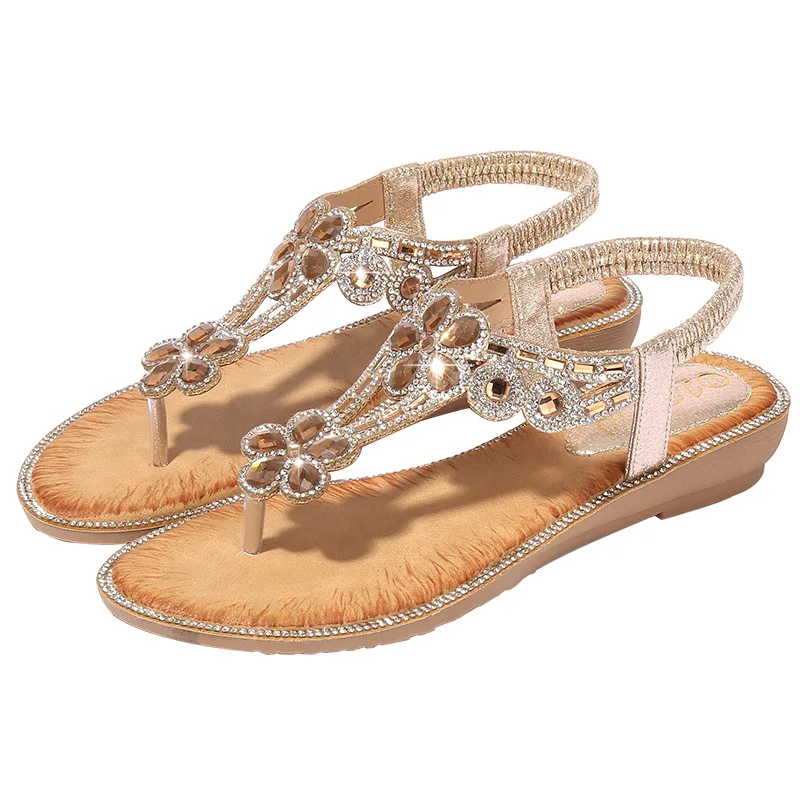 

women's sandals summer 2020 new T-Strap Casual Elastic band Elegant Crystal Back Strap Wedges flat Female womens shoes T-Strap