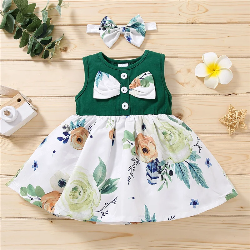 

2pcs 6Months-3Years Baby Girls Cotton Clothes Set,Kids Girl Green O-Neck Sleeveless Dress+White Floral Printed Pattern Headdress