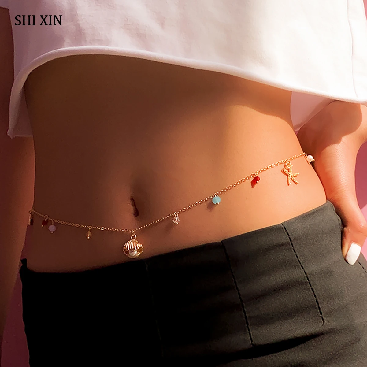 

SHIXIN Fashion Star/Scallop Shell/Lock/Bead Pendant Waist Chains for Women Summer Bridal Wedding Chain Belt Waist Jewelry 2021