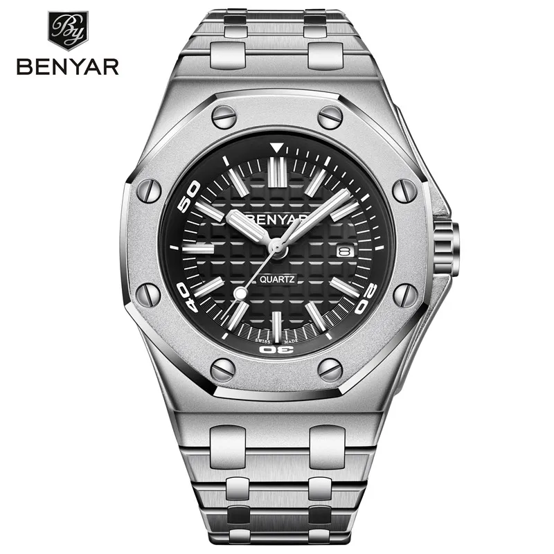Silver Black BENYAR мужские часы Топ люксовый бренд военные Стальные кварцевые часы мужские s водонепроницаемые спортивные наручные часы повседневные часы Montre Homme - Цвет: Silver Black