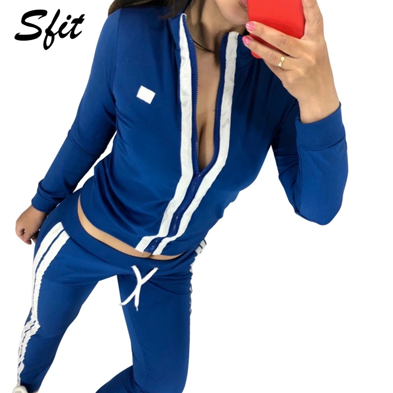 Sfit Женские повседневные комплекты из 2 предметов, полосатые облегающие спортивные костюмы, спортивные костюмы, топы с длинными рукавами, штаны, спортивные костюмы, спортивная одежда