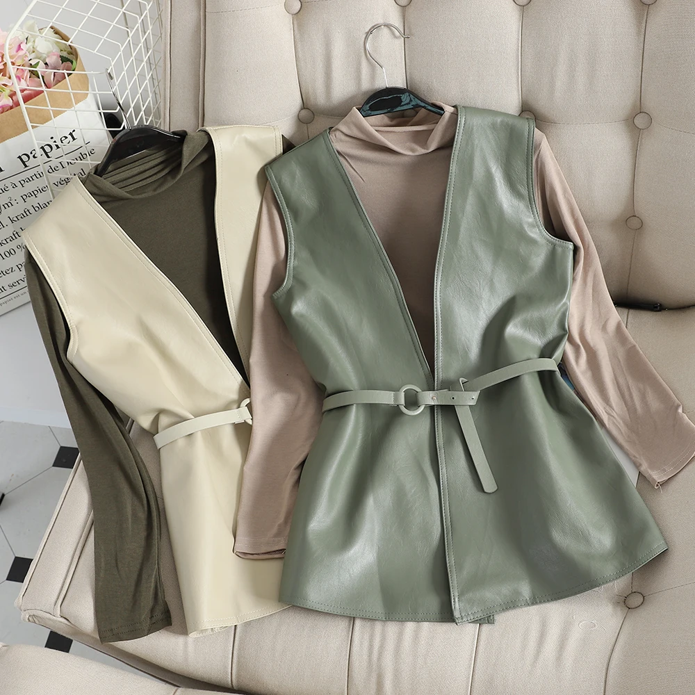 SINGRAIN Женская водолазка базовые Топы + женский жилет из искусственной кожи