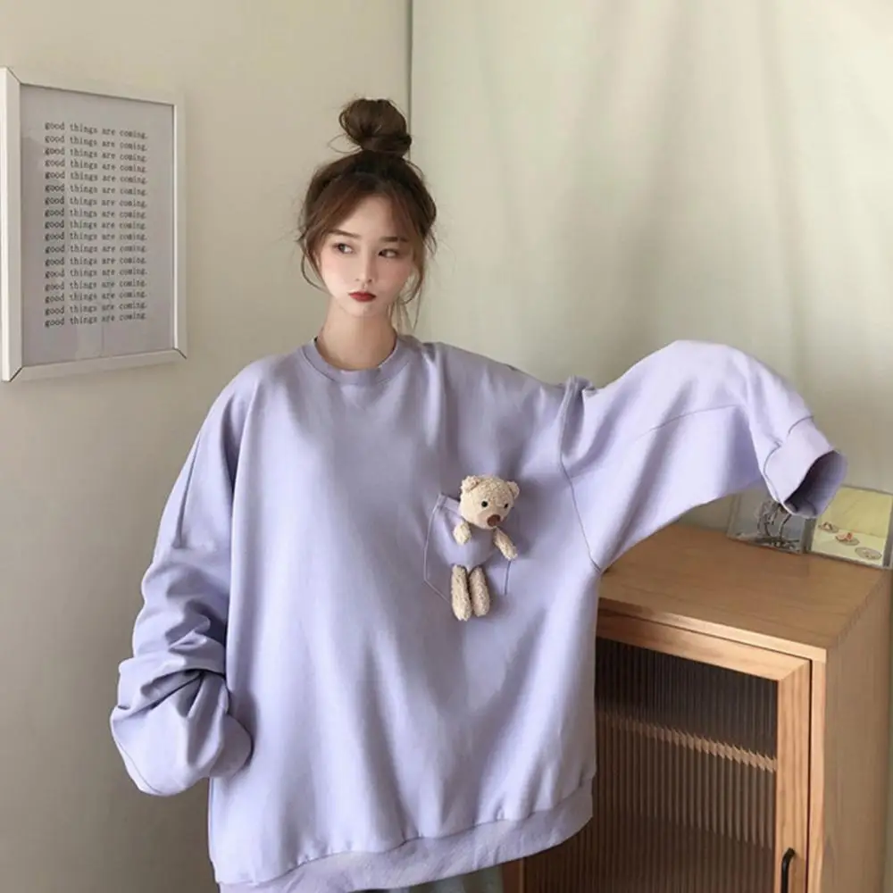 Women Autumn Long Sleeve Pocket Cute Bear Blouse Top O Neck Oversized Sweatshirt Vintage Hoodie Sweetshirt Fashion Zip Casual