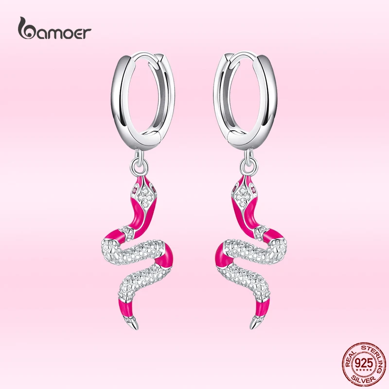 

Bamoer Fashion Pink Snake Pendant Earrings for Girl 925 Sterling Silver Animal Ear Buckles Elegant Romantic Dating Party Jewelry