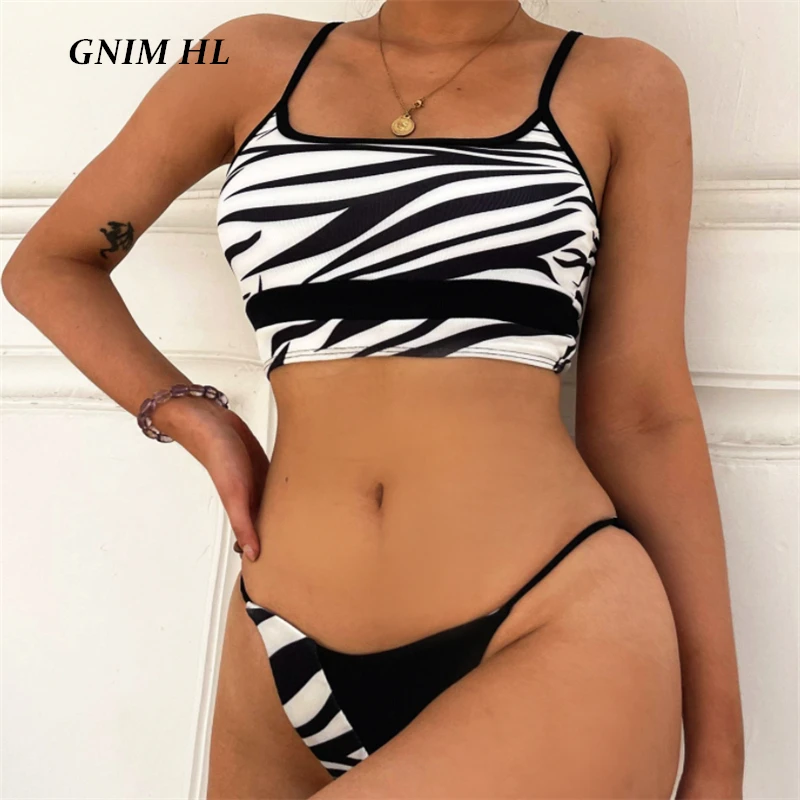 

GNIM Sexy Bandeau Swimwear Women Push Up Bikini 2021 Stripe Patchwork Women's Swimming Suit 2 Pieces High Cut Swimsuit Biquini
