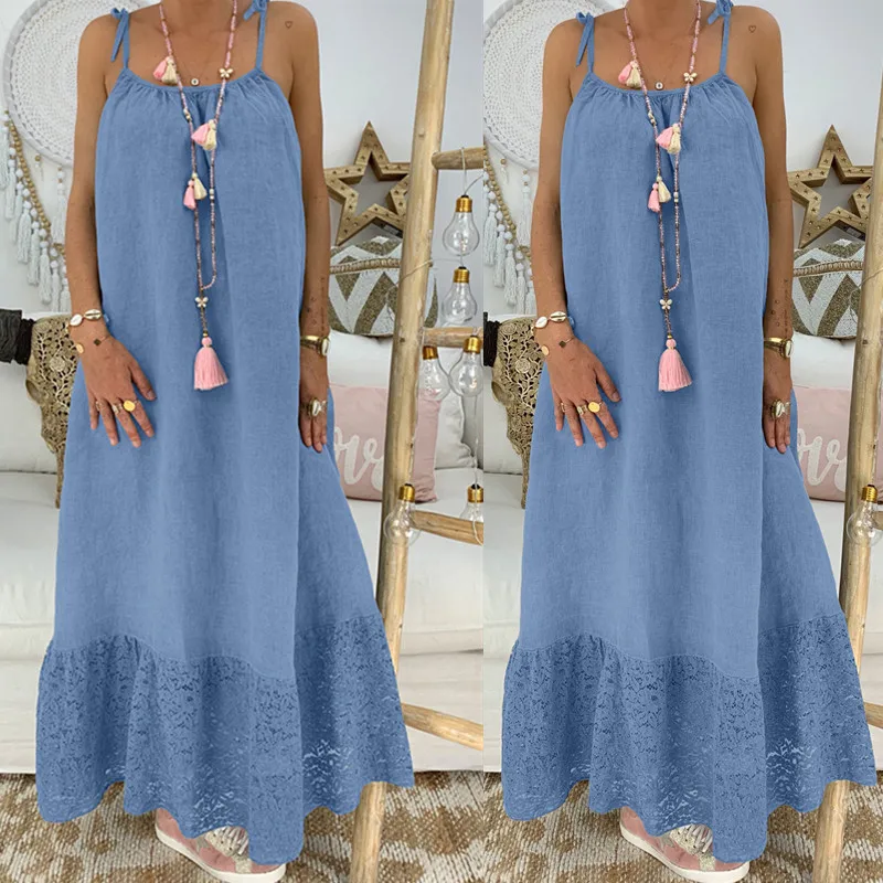 Женский пляжный длинный сарафан на бретелях спагетти свободный однотонный