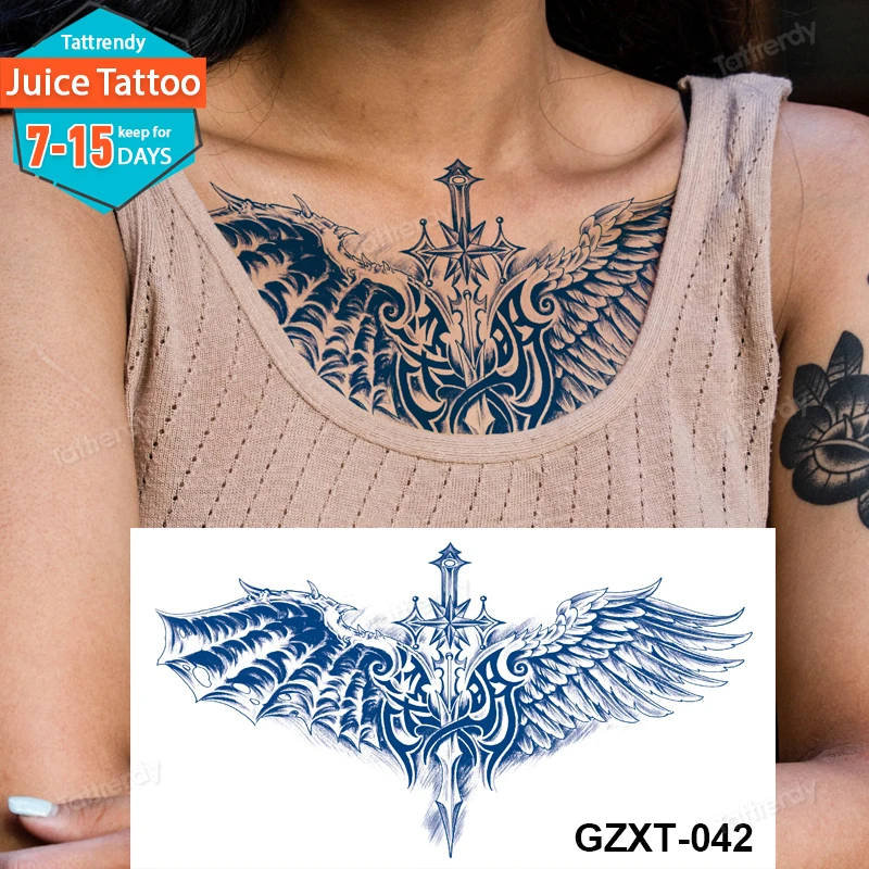 

Временные татуировки для грудины, ангельское крыло, дьявол, дракон, тотем, большая наклейка, сок, чернила, стойкая большая картина на теле