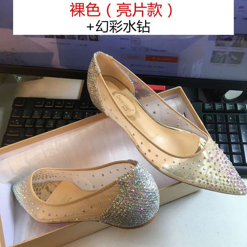

Single Shoe Woman Increase Level heel Nude Color 2019 Flat Bottom Rhinestone Sharp Sharp Shoe Shoe