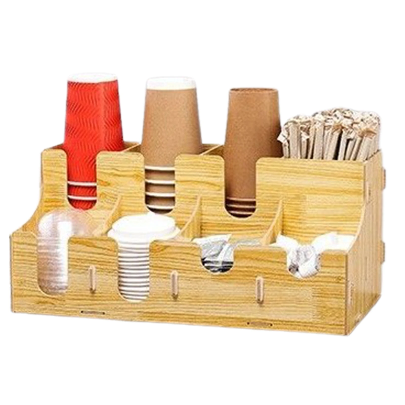 

Bamboo Bar Tabletop Accessories Holder 8 Compartments Shop Breakroom Storage Rack Disposable Cup Condiment Organizer Drink Home