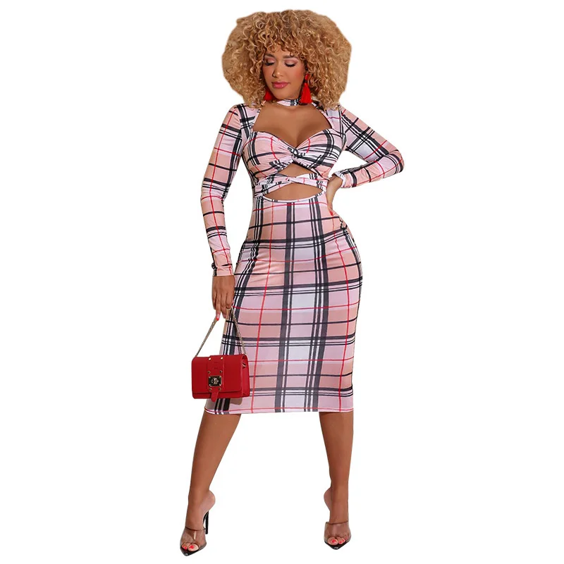 

Hollow Out Sexy Dresses Autumn Plaid Print Party Dress For Girls Turtleneck Long Sleeve Elastic Waist Women Vestidos New