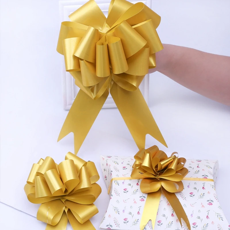

2 Box 100 Pack Golden Large Ribbon Pull Bows for Party Wall,Gift Wraps,Christmas Trees,Wedding and Doors(9X12CM)