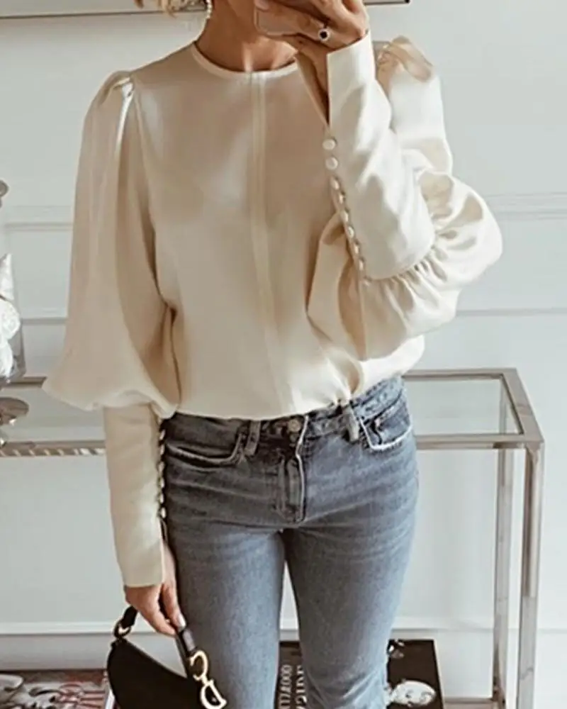 Women Winter Autumn Satin Long Sleeve Button Shirt Office Lady Workwear Solid Round Neck Balloon Blouse | Женская одежда