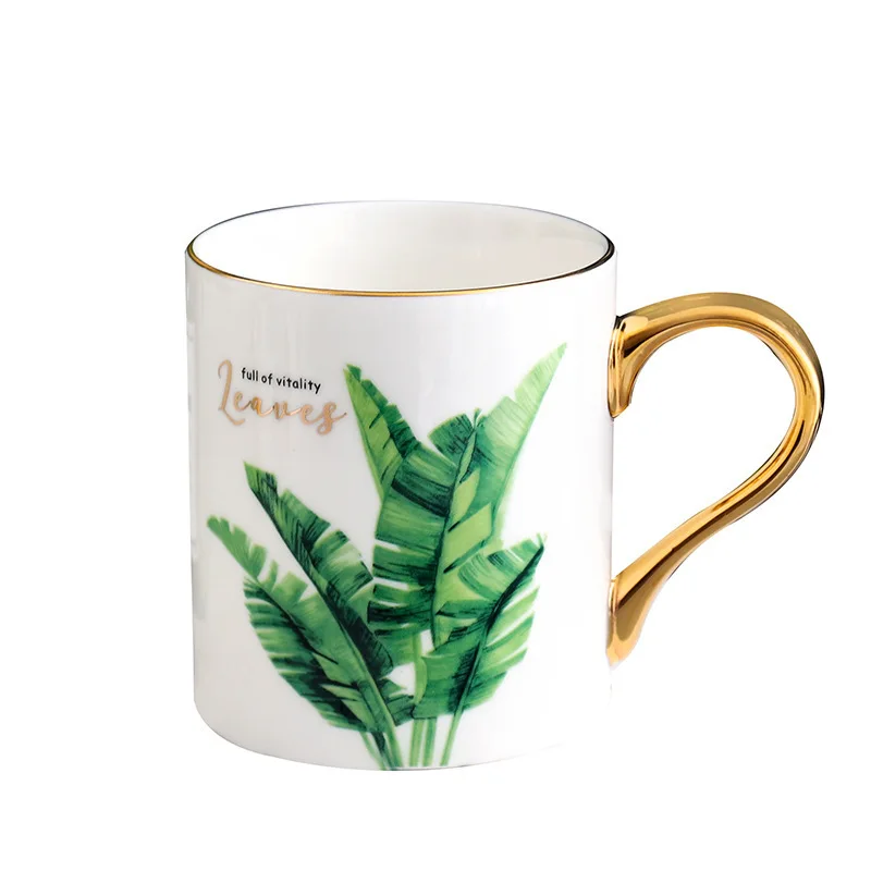 

Golden green plant creative ceramic coffee tea beverage dessert breakfast milk cup mug business glass cup handle drink