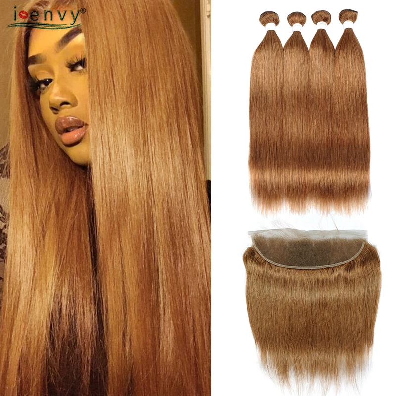 #30 Preuvian прямые пряди с фронтальной Золотой имбирь блонд 13*4 Кружева Закрытие