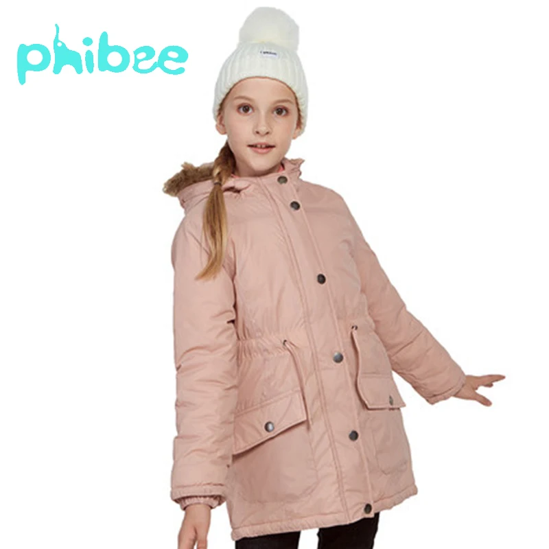 Phibee/парки для девочек; сезон весна-осень; повседневное пальто с мехом на молнии; модная куртка на пуговицах; однотонная теплая детская одежда с капюшоном