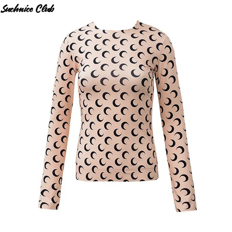 

Ins Ice Silk Crescent Moon Print Bodycon T-shirt Slim Top 2021 Summer Women's Round Neck Long Sleeve Tight T-shirt