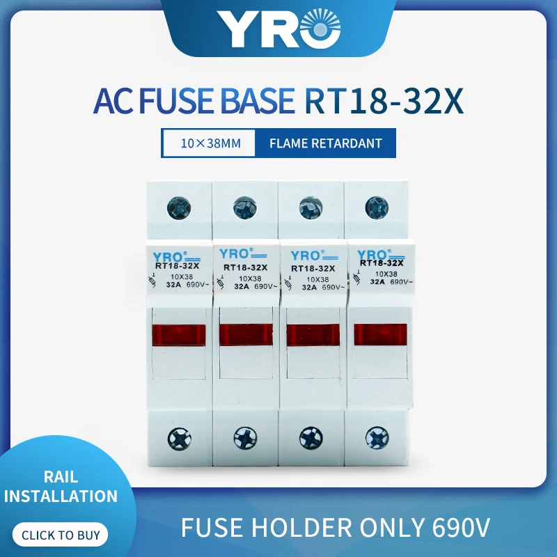 

AC 1PC 4P Fuse Base 690V 32A With LED light Matching Fuse 10x38MM R015 only Fuse Base RT18-32X