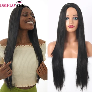 Black Synthetic Hair Lace Front Wig with Mini Bangs Straight Seamless Pulled Lace Wig for Women