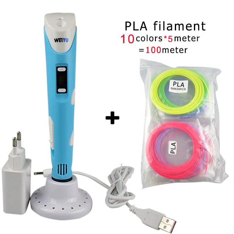 Blue and 100m Аутентичные 3D Ручка 3d печати pen-3d 1,75 мм pla Синтетическая нить Рождественские подарки+ Бесплатные покраска рисунки+ 5 v 2A usb адаптер - Цвет: Blue and 100m