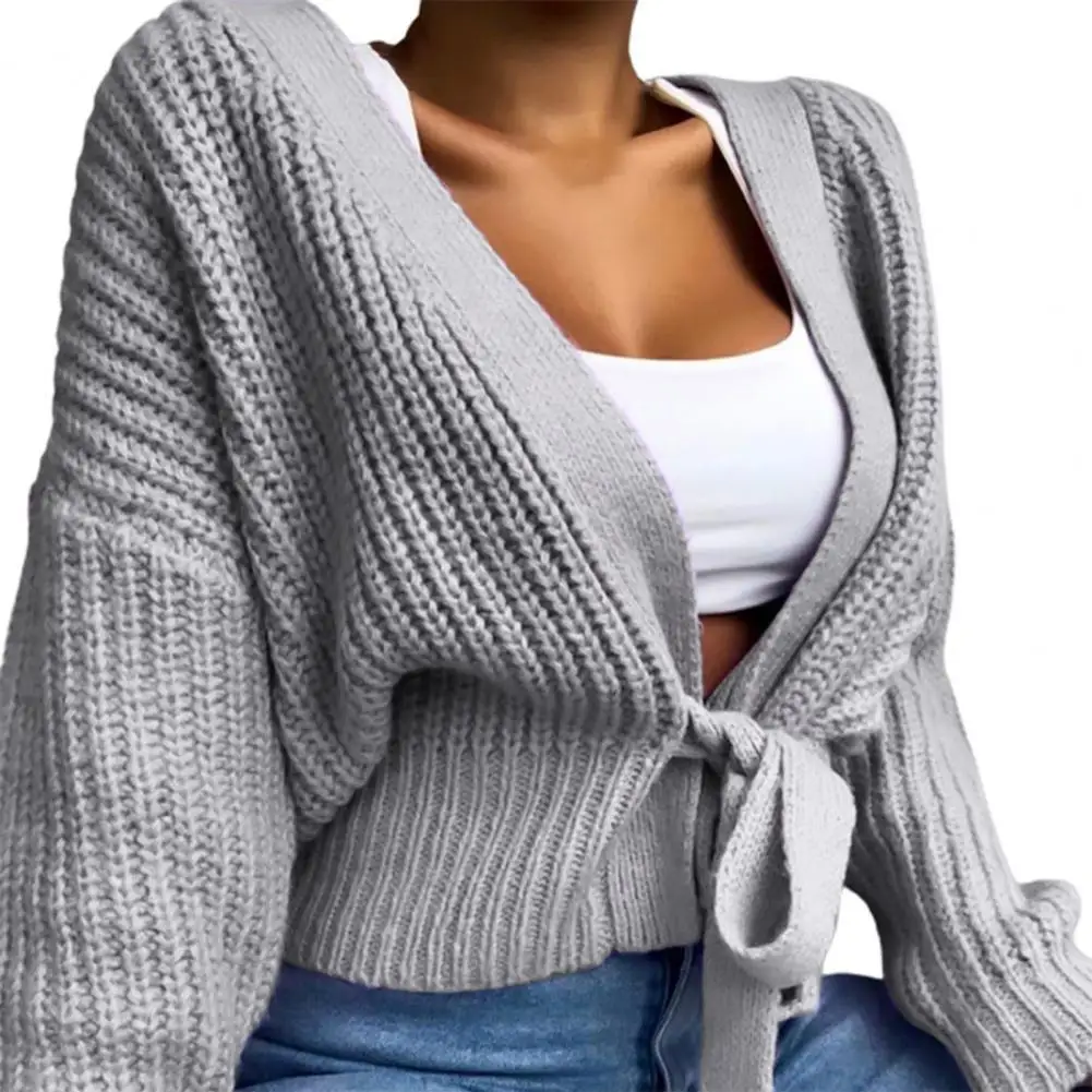 

Женский трикотажный кардиган с V-образным вырезом и длинными рукавами-фонариками