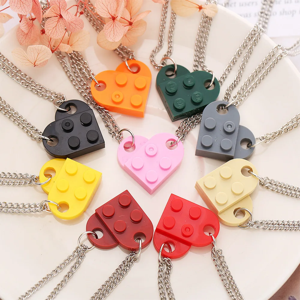 

Hyun-chae 2Pcs Love Heart Brick Pendant Necklace for Couples Friendship Women Men Lego Elements Couple Valentines Punk chain