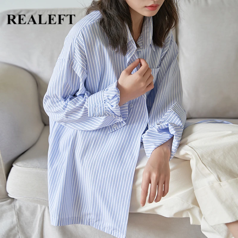 

REALEFT 2021 New Oversize Striped Women's Blouse One Pocket Loose Shirts Button Long Sleeve Turn-down Collar Tops Spring Summer