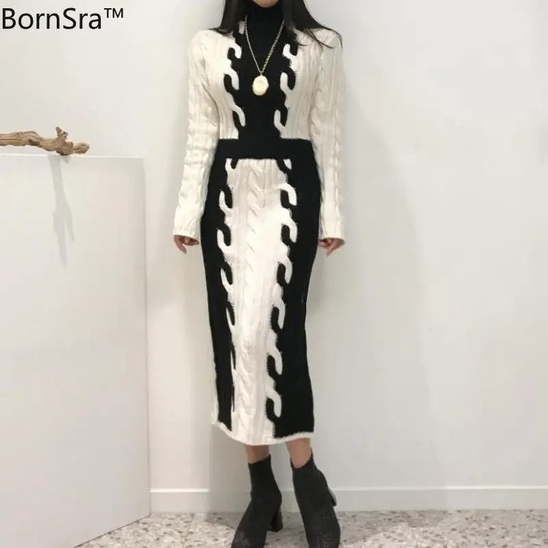 

Осенне-зимнее женское платье-свитер Bornsra 2020, теплое облегающее платье с высоким воротником, элегантное лоскутное приталенное офисное женск...