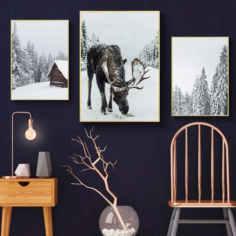 Фотообои с изображением зимнего леса лосят Рождественская картина в